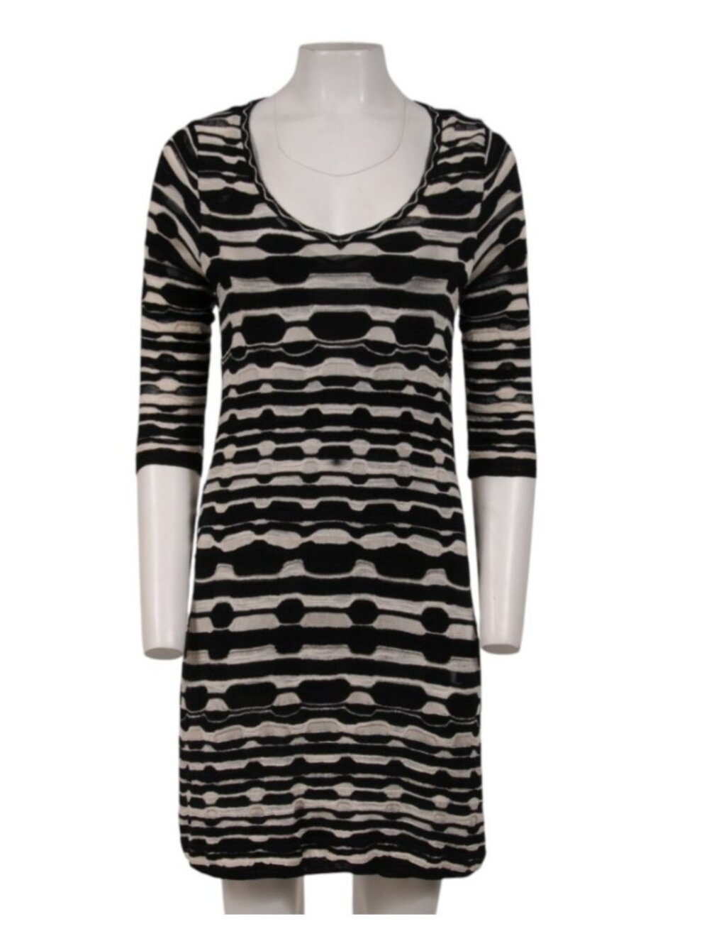 MIssoni Womens Midi Pattern V Neck Dress Size US 12 IT 48 Black White 3/4 Sleeve